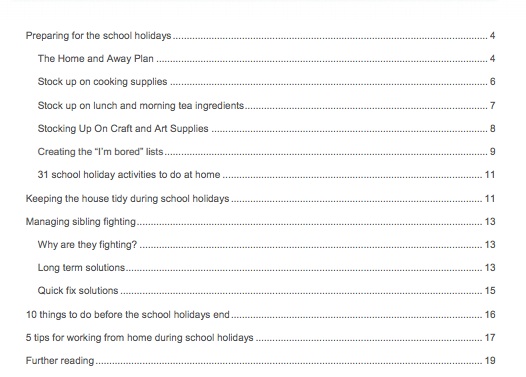 school holiday guide table of contents