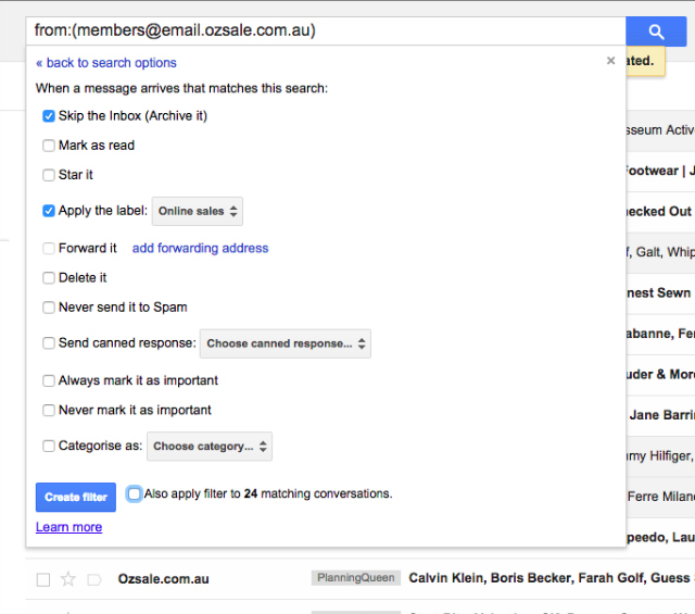 online sales email filter