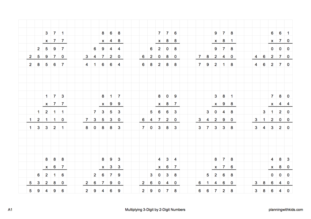 Free printable long multiplication worksheets with grid format
