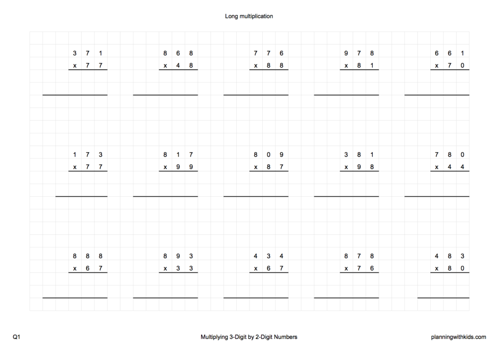 Free printable long multiplication worksheets - 3 digit by 2 digit questions