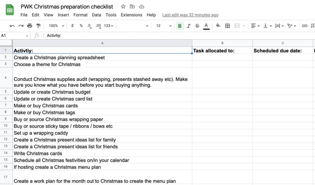 Christmas planning and preparation checklist 