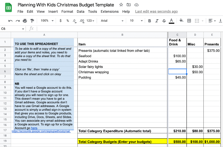 Christmas budget template (free)